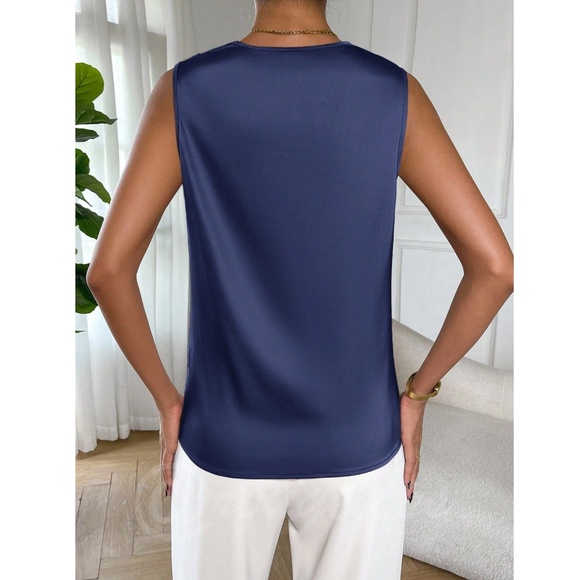 Satin Draped Cowl Neck Sleeveless Blouse Blue - Picture 4 of 8
